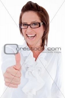 young business woman giveing thumbs up