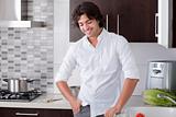man looking casual in kitchen