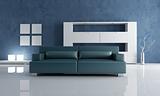 navy blue couch and white empty bookshelf