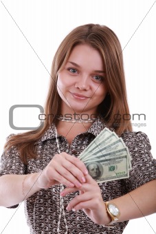 Girl with fan of dollar