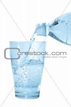 Water pouring from bottle into glass