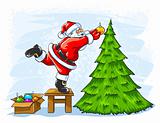 cheerful Santa Claus decorating Christmas tree