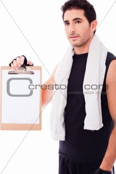 Fitness Man showing a blank clip board