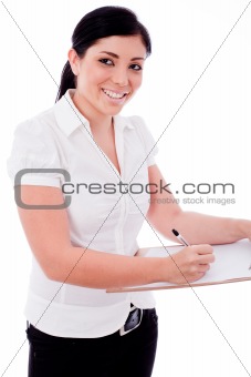 Business woman looking right corner with her Clip board