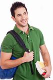 Smiling Young student carrying bag and books