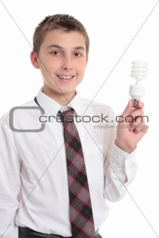 Student holding eco friendly light bulb