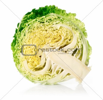 cut green cabbage fruit isolated on white