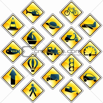 Set of 17 yellow traffic and transportation icons
