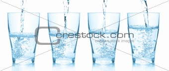Water pouring into glasses. Set of different pictures