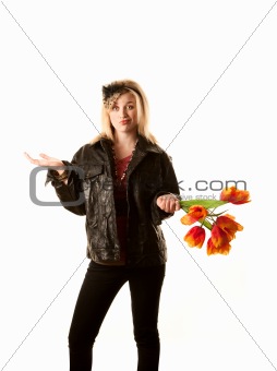 Pretty young blonde woman with plastic flowers