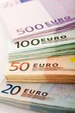 Stacks of euro banknotes - closeup