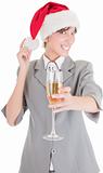 business girl in Santa hat and with champagne