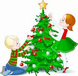 Children decorate a Christmas Tree