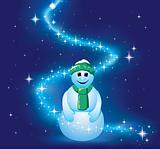 Smiling snowman in bright stars
