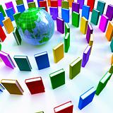Circle of colorful books around a globe