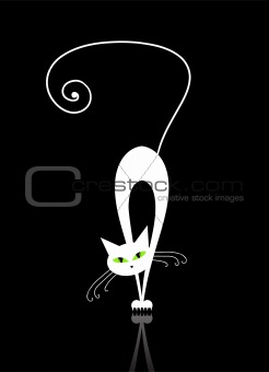 White cat with green eyes silhouette on black