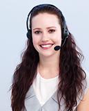 Portrait of beautiful woman working in a call center