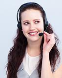 Brunette woman working in a call center