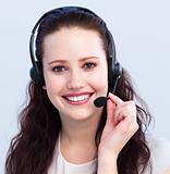 Portrait of smiling beautiful woman with a headset on