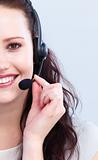 Portrait of smiling attractive woman with a headset on