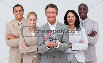 Business people holding a molecule model. Scince and business co