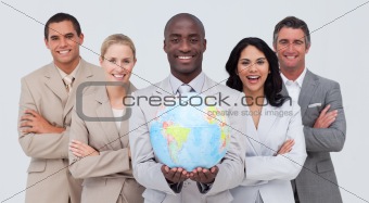 Afro-American businessman holding a terrestrial globe with his t