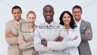 Smiling African businessman leading his team