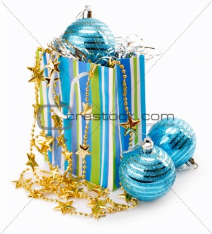 Christmas holiday decoration with blue balls and gold stars