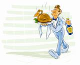 waiter bearing a dish with cooked bird and bottle of drink