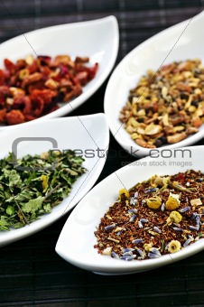 Assorted herbal wellness dry tea in bowls