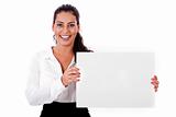 American business woman holding a white blank board