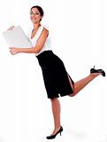 Business Woman raise his left leg with laptop