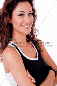 Close up portrait of happy fitness woman with his hands folded