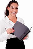 Happy smiling business woman holding folder