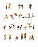 Detailed silhouettes of people: fun children, young couples, sport teens, old age
