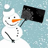 Happy snowman with credit card, christmas shopping