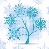 Winter tree, snowflakes. Christmas holiday.