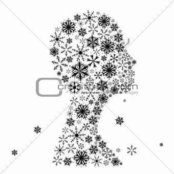Stylized woman head, snowflakes. Winter season.