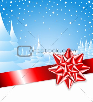 Red ribbon with bow with Christmas landscape