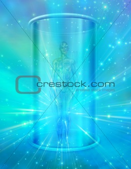 Human female figure in transparent container