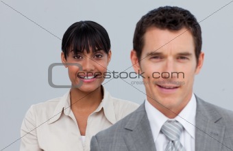 Smiling Afro-American businesswoman with her colleague