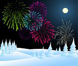 Winter christmas landscape with fireworks