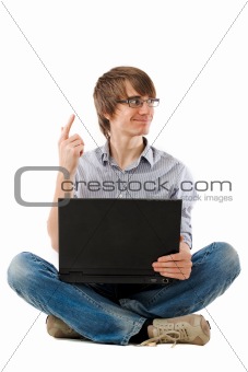 Young man laptop. Has idea!
