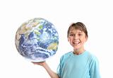 Smiling boy with world in palm of his hands