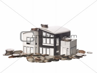 House model standing on american coins