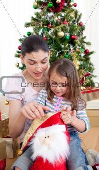 Mother and daughter at home at Christmas