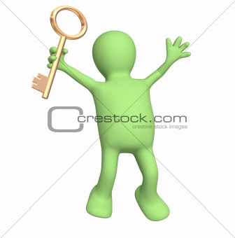 3d puppet, holding in hand a gold key