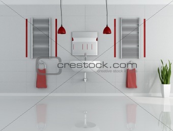 gray and red minimalist bathroom