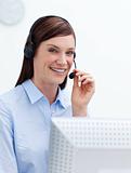 Smiling customer service agent with headset on 