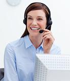 Attractive businesswoman with headset on
